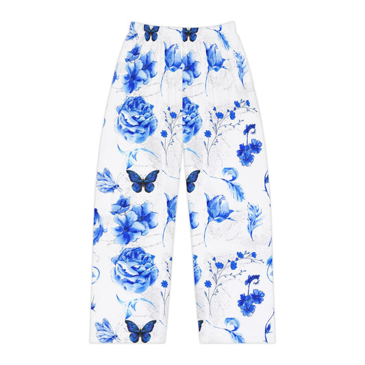 Blue Floral Women's Pajama Pants (AOP)- Elastic