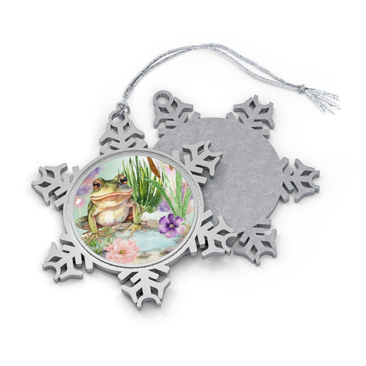 Frog by Puddle - Pewter Snowflake Ornament