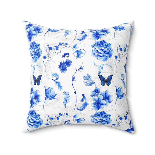 Blue Floral Spun Polyester Square Pillow