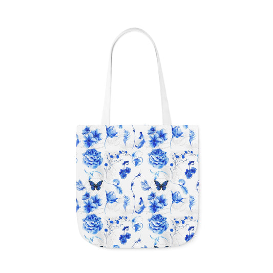 Blue Floral Canvas Tote Bag, 3 sizes/5-Color Straps