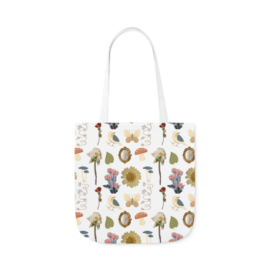 Flowers and Mushrooms Canvas Tote Bag, 3 sizes/5-Color Straps